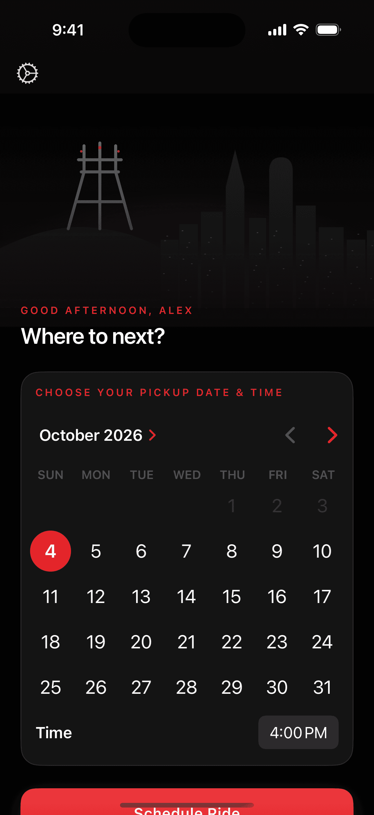 Sutro home screen with a calendar for choosing the pickup date and time